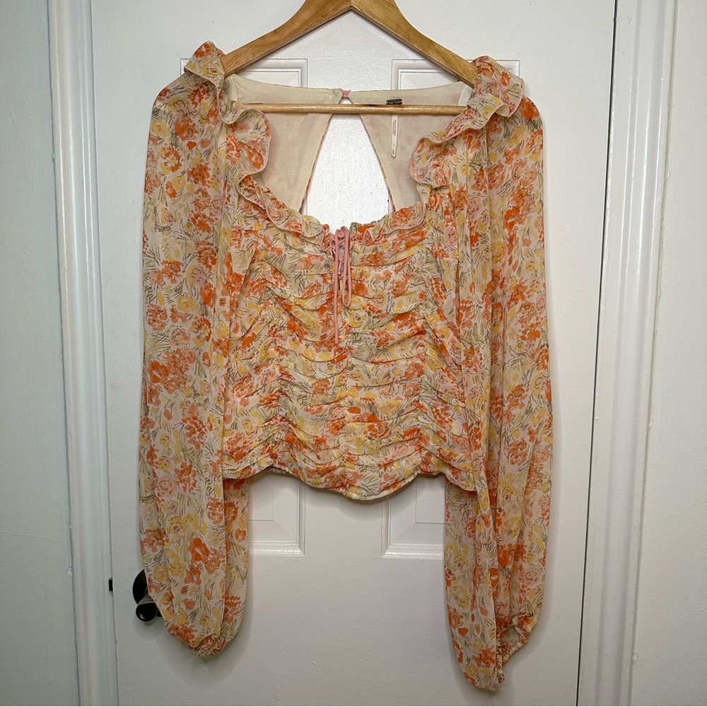 FREE PEOPLE Mabel Floral Print Yellow Orange Ruched Long Sleeve Top Bohemian XS - Picture 4 of 12